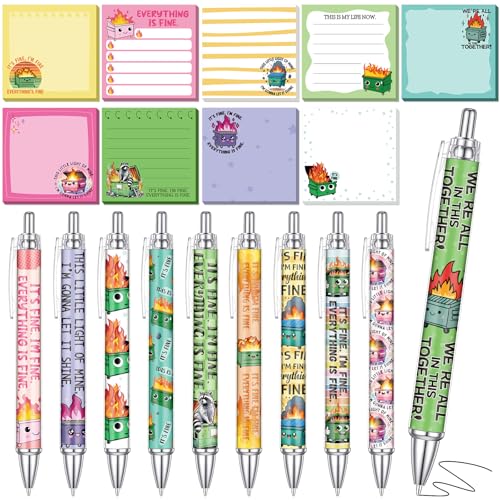18 Pcs Dumpster Fire Desk Accessories, 9 Pads Cute Sticky Notes, 9 Kawaii Pens, 3 x 3 Inches Notepads Memo Pad for Office Supplies Meeting Students School Decor Teacher Gifts - style: Dumpster Fire