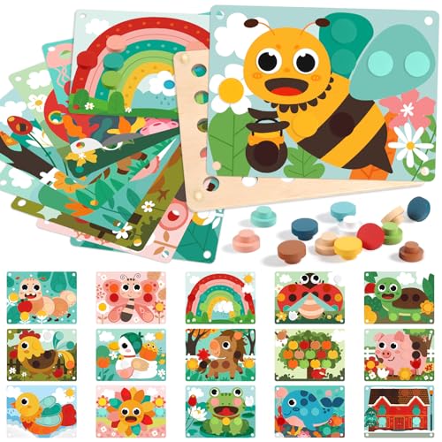 Fortand Button Art Toy Wooden Color Matching Peg Board for Toddlers 2 3 | Color Matching Puzzle for Toddlers 1 2 3 Montessori Toys with 30 Buttons & 16Cards for Fine Motor Skills, Gift for Boys Girls