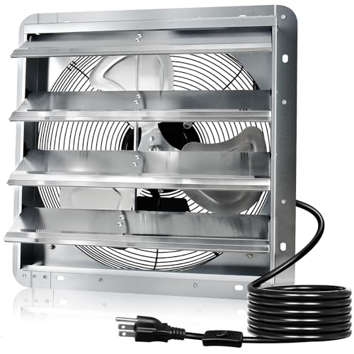 Hiorucet 16 Inch Wall Mounted Shutter Exhaust Fan with 1.8m Power Cord, 2060CFM High Speed Low Noise Aluminum Louvered Exhaust Fan for Greenhouse, Garage, Shop, Attics, Chicken Coop Ventilation Fan. - size: 16'' Exhaust Fan