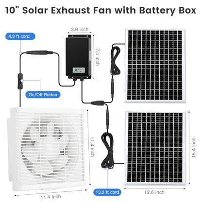 Fanspex Solar Exhaust Fan, Solar Powered Vent Fan Kit for Outside Greenhouse Shed Chicken Coop (10" Fan with Battery) - size: 10" Fan Large