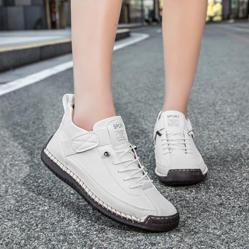 Womens Hand Stitching Leather Slip-On Ankle Boots with Adjustable Elastic Band Casual Lightweight Non-Slip Walking Loafers Retro High Top Flat Boat Shoes - color: White, size: 6 Wide