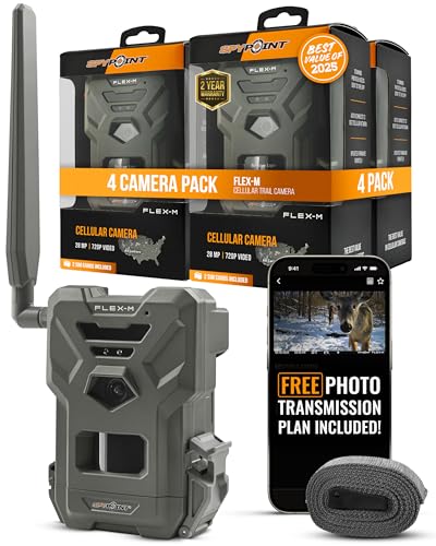 SPYPOINT Flex-M Cellular Trail Camera - Best Hunting Accessories, No WiFi Needed, Night Vision, Motion Activated, Dual-Sim LTE, IP65 Water-Resistant Game Camera, 28MP Photos, 720p Videos + Sound (4) - color: Camera Only, size: Pack of 4