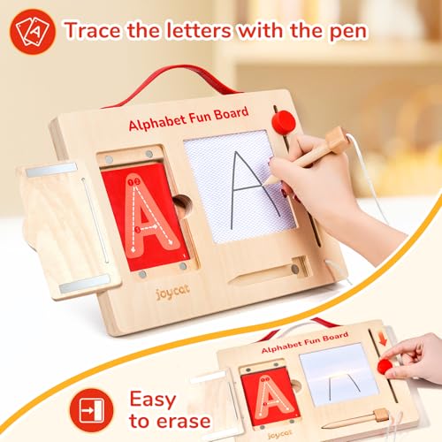 JoyCat Wooden Letter Tracing Board for Toddlers 3-5, Magnetic Alphabet & Number Writing Practice Board with 36 Double-Sided Cards, Reusable Preschool Handwriting Toy, Travel Learning Activity