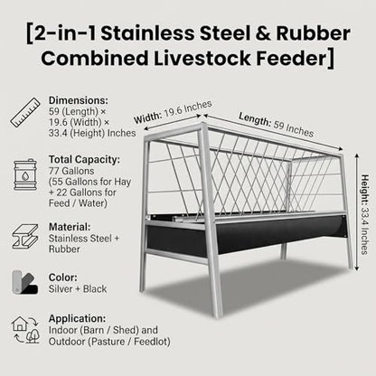 2-in-1 Stainless Steel Goat Feeder, Anti-Waste Hay Feeder with Rubber Trough, Heavy Duty for Goats, Sheep, Pigs - Perfect for Barns, Farms, and Outdoor Pens