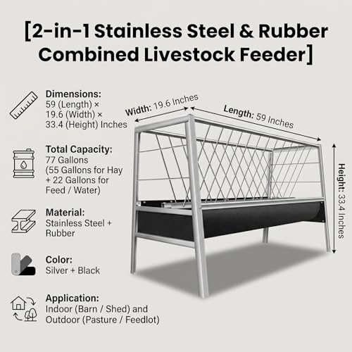 Farm Livestock Feeder, 2-in-1 Stainless Steel Goat Feeder, 77 Gallon Anti-Waste Hay Feeder with Rubber Trough, Heavy Duty for Goats, Sheep, Pigs, Ideal for Barn, Horse Farm, Outdoor Pen