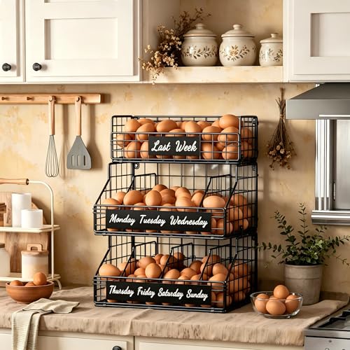 Egg Holder Countertop, Stackable Chicken Egg Basket with Adjustable 5 Dividers & Week Labels, 3 Tier Wall Mounted Egg Storage Organizer for Kitchen, Carbon Steel Black - color: S-Black(13.4W x 17.3H)
