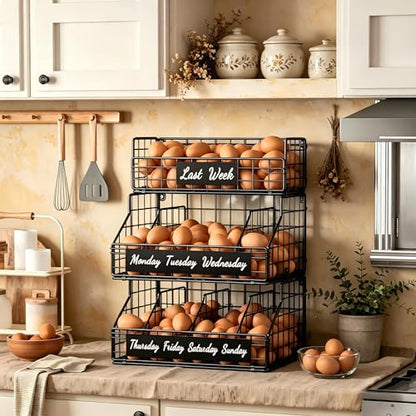 Egg Holder Countertop, Stackable Chicken Egg Basket with Adjustable 5 Dividers & Week Labels, 3 Tier Wall Mounted Egg Storage Organizer for Kitchen, Carbon Steel Black - color: S-Black(13.4W x 17.3H)