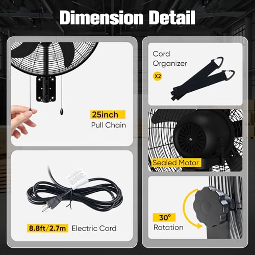 20 Inch Oscillating Wall Mount Fan, High Velocity Commercial Wall Mounted Fan with 3 Speeds, 5000 CFM & 1700 RPM, Heavy Duty Outdoor Wall Fan for Garage, Patio, Warehouse & Workshop, Black - size: 20-Inch
