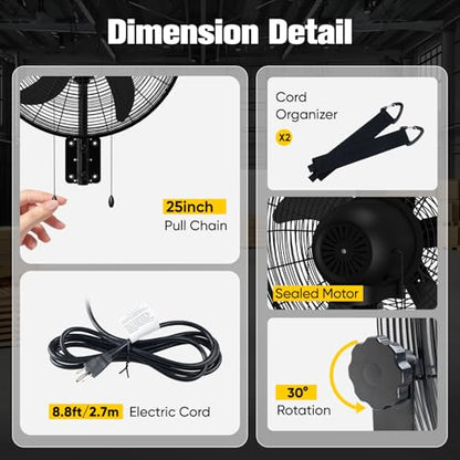 20 Inch Oscillating Wall Mount Fan, High Velocity Commercial Wall Mounted Fan with 3 Speeds, 5000 CFM & 1700 RPM, Heavy Duty Outdoor Wall Fan for Garage, Patio, Warehouse & Workshop, Black - size: 20-Inch