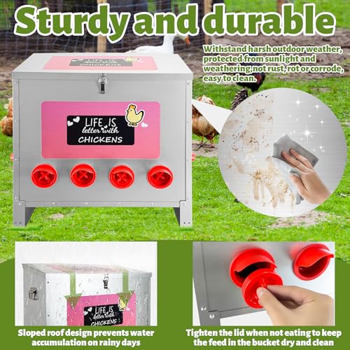 85-120LB Large Automatic Chicken Feeder Galvanized Metal Chicken Feeders with 10 Feeding Ports No Waste Outdoor Poultry Feeder with Handle and Locking Lid for Chickens and Ducks - size: 85-120LB-10 Ports
