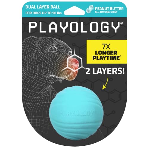 Playology Dog Toys | Dual Layer Ball Durable Chew Toy for Tough Chewers | Peanut Butter Medium Scented Dog Toy | Chew Toys for Dogs - size: Medium, style: Peanut Butter