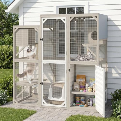 Ketive Catio Outdoor Cat Enclosure Large Walk-in Cat House with Storage Cabinet, Multi-Level Platforms with 2 Cat Trees, Roll-Up Roof for Multiple Cats, Backyard Patio Garden - size: 65.0"L x 29.5"W x 67.1"H