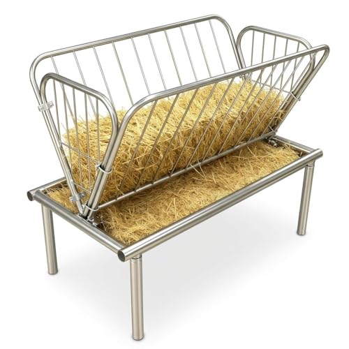 Galvanized Steel Hay Feeder, 2 in 1 Outdoor Livestock Feeder with Extra Wide Feed Pan, Durable Pasture Feeder for Goats Sheep Horses Calves Cows Ponies