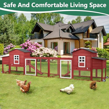 158" L Large Chicken Coop with Run, Chicken House with Nesting Boxes, Wheels, Outdoor Mobile Hen Chicken Coop Poultry Cage with Removable Tray, Ramp (Red) - color: 158" L Red