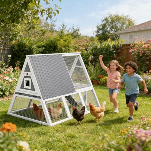 Large Chicken Run Coops with Nesting Boxes Outdoor for 4-6 Chickens Wooden Duck Rabbit Hen House A-Frame Quail Cages with Removable Tray Ramp and Weatherproof Roof for Backyard Outside (White2) - color: White2
