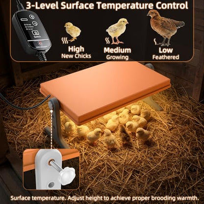Chick Brooder Heater Plate – 12" x 8" Adjustable Height & Temperature Poultry Warmer for Up to 10 Chicks, Brooder Heating Plate for Chicks and Ducklings, Orange