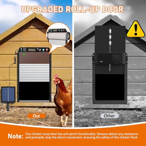 Automatic Chicken Coop Door SolarPowered Chicken Door LCD Displayand Roll-up Door Anti-Pinch FeatureChicken Coop Door Solar Powered Chicken Door Opener