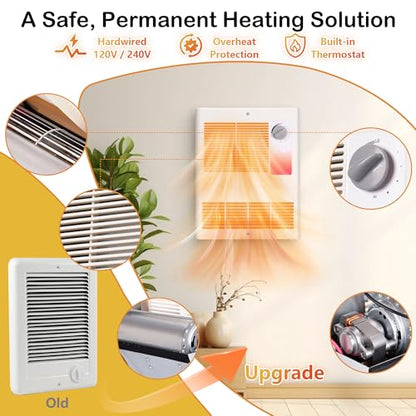 9815WH Electric Wall Heater - 1500W in-Wall Heater with Built-in Thermostat, 120/240V AC Dual Voltage, Quiet, Overheat Protection Wall Mounted Heater for Bedroom, Living Room