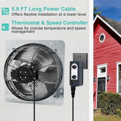12 Inch Shutter Exhaust Fan with Thermostat and Speed Controller, Wall Mounted Vent Fan for Attic, Greenhouse, Shed, Garage, Chicken Coop, Shop Ventilation, 960 CFM, 1400 SQF Coverage Area - size: 12 Inch