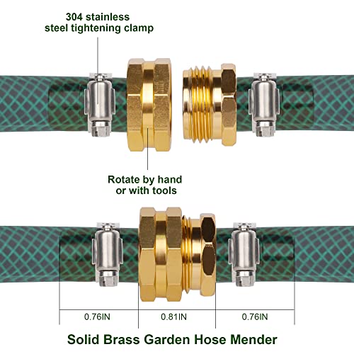 Biswing Garden Hose Repair Connector with Clamps, 5/8" Barb x 3/4" GHT Thread Aluminum Water Hose Pipe Repair Kit, Female and Male Hose Connectors with Stainless Steel Clamp, 2 Pack