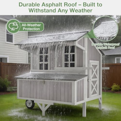 Large Chicken Coop with Wheels for 4-6 Chickens, Mobile Outdoor Chicken House with 3 Nesting Boxes & Roosts, Heavy Duty Reinforced Frame, Waterproof Roof, Pull-Out Tray, Wooden Poultry Cage