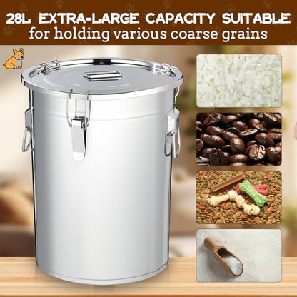 Lounsweer 2 Pack 7 Gal Stainless Steel Dog Food Storage Container with Lid and Locking Clamp 28 L Metal Airtight Container Large Stainless Steel Bucket with Food Scoop for Pet Feed - size: 28 L