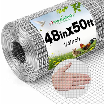 Amagabeli Galvanized Hardware Cloth 1/4 inch 48 x 50 ft 23 Gauge Chicken Wire Fence Welded Wire Mesh Roll Plant Supports Poultry Netting Garden Bed Animal Cage Snake Rabbit Gopher Rodent Proof - size: 1/4" 48"x50'