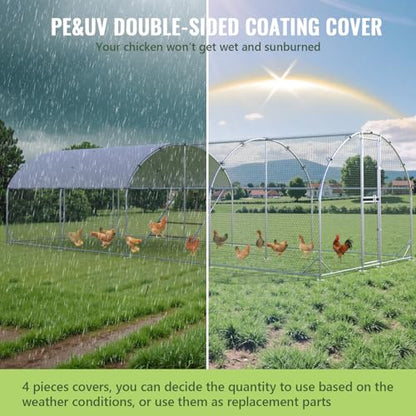 Large Metal Chicken Coop, 10x26x6.5ft Walk in Chicken Runs for Yard with Covers, Outdoor Chicken Pen with Roosting Perch and Split Door, Dome Roof Poultry Cage for Chicken, Duck