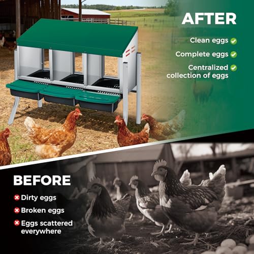 Chicken Nesting Box 3-Compartment Roll-Out with Pull-Out Trays, Egg Nesting Boxes for Hens, Chicken Coop Laying Box,Easy Wall Mounting with Metal Legs - color: green, size: 3 holes with legs