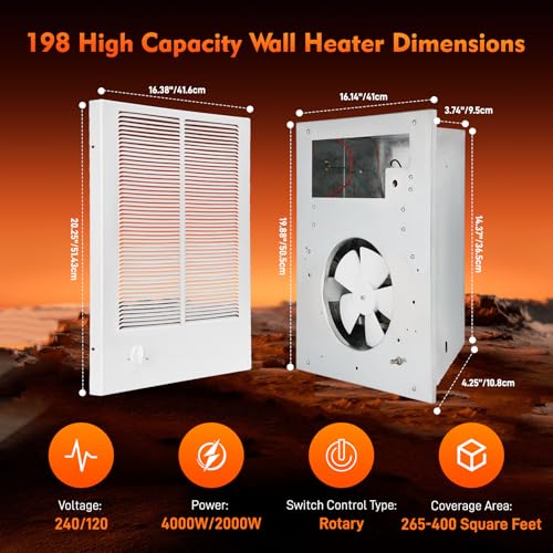 198 High Capacity Wall Heater, White Painted Grille,4000/2000 W at 240 V/120V with Adjustable Thermostat compatible with Broan 198 Wall Heater for Kitchens, Living Rooms, and Entryways