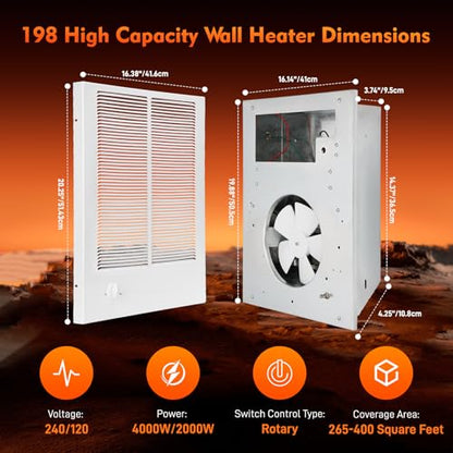 198 High Capacity Wall Heater, White Painted Grille,4000/2000 W at 240 V/120V with Adjustable Thermostat compatible with Broan 198 Wall Heater for Kitchens, Living Rooms, and Entryways