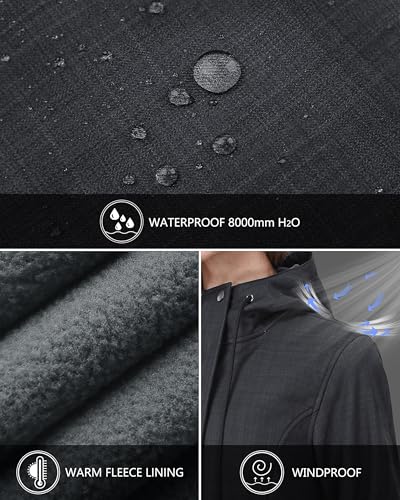 Outdoor Ventures Women's Lightweight Waterproof Fleece Lined Hooded Softshell Rain Jacket, Warm Windbreaker Long Coat - color: Dark Grey-check, size: 4X-Large
