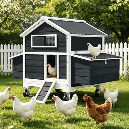 Chicken Coop on Wheels, Large Mobile Wooden Hen House for 4-6 Chickens, Outdoor Poultry Cage with Nesting Box, Chicken House for Outside Farm Backyard - size: 60.2"L x 35.4"W x 57.8"H