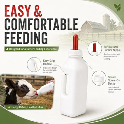 Calf Feeding Bottle 2 Quart with Screw Nipple, Livestock Nursing Bottle Kit with 4 Extra Rubber Nipples & Long Cleaning Brush, Easy-Grip Milk Bottle for Calves, Lambs, Goat Kids, Farm Feeding Supplies