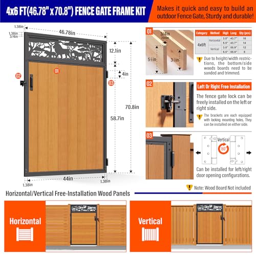 4x6FT (46.78" W X 70.8" H) 201 Stainless Steel Anti Sag Wooden Fence Gate Kit Heavy Duty Garden Gate Frame Hardware Kit Reinforcement (Left/Right Free-Installation) - size: W4xH6 FT-Lion