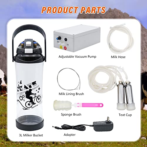 Milking Machine for Cows 3L Pulsation Vacuum Electric Suction Pump Milking Machine Portable Milking Equipment with 2 Teat Cups - style: Cow