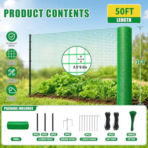 Temporary Fence with Metal Posts, 3' x 50' Garden Fence Animal Barrier for Backyard, Plastic Mesh Fencing with Windbreak Rope and Ground Stakes, Temporary Dog Fence for Outdoor Yard Animal Protect