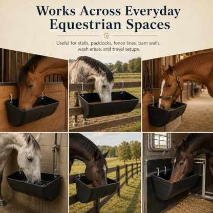 Hanging Horse Feed Trough, Fence Mount Horse Feeder with Heavy-Duty Metal Clips & Screw Hardware, Black Plastic Feed and Water Bucket for Horse Stall, Barn Wall, Pellets & Supplements (2 Pcs)