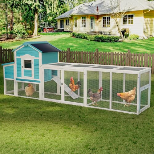 122" Large Chicken Coop for 3–6 Chickens, Outdoor Poultry Cage with Nesting Box, Ramp & Enclosed Run, Weatherproof Wood Hen House with Asphalt Roof, Pull-Out Tray & Predator-Proof Wire - color: Blue