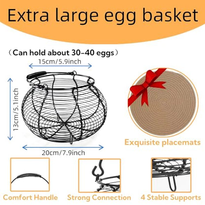 Wire Egg Basket for Gathering Fresh Eggs with Handle | Metal Egg Holder Countertop | Farm Fresh Egg Collecting Basket and Storage Holder | Suitable for Kitchen, Countertop and Farm
