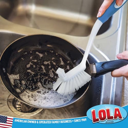 LOLA Pro Utility All Purpose Kitchen Cleaning Brush, 4 Pack, Durable Bristles, Comfort Ergonomic Rubber Non-Slip Grip, Built-in Food Scraper - color: White & Blue, size: 4 Pack
