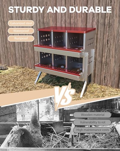 Chicken Nesting Box, 6 Compartment Roll Away Laying Box for Hens, Heavy-Duty Galvanized Steel, Front Egg Collection Tray, 6 Training Eggs Included - color: Red, size: 6 Compartments & 6 Eggs