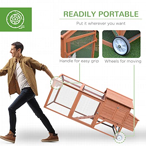 PawHut 96.5" Chicken Coop Wooden Hen House Poultry Cage Pen Portable with Wheels and Nesting Box, Chicken Cage for Backyard Outdoor, Natural - color: Brown
