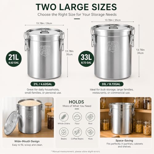 33L/8.72gal Stainless Steel Airtight Canister, Food Storage Canisters with Airtight Lid&Locking Clamp, Rice Cereal Grain Canisters Container, Storager Bucket for Flour, Coffee Bean, Sugar, Cookie - color: 33L