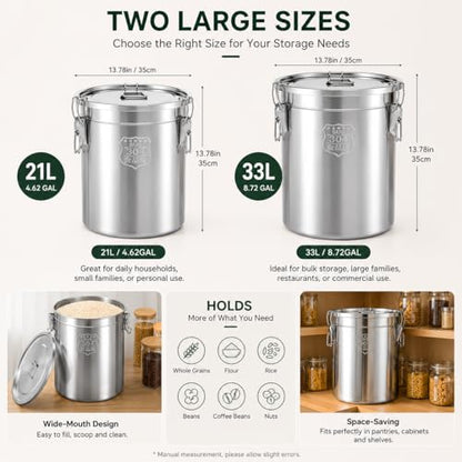 33L/8.72gal Stainless Steel Airtight Canister, Food Storage Canisters with Airtight Lid&Locking Clamp, Rice Cereal Grain Canisters Container, Storager Bucket for Flour, Coffee Bean, Sugar, Cookie - color: 33L