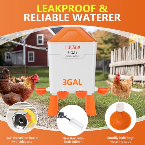 Lilyang Automatic Chicken Waterer & Feeder 3 Gallon, Auto-Refill Chicken Waterer with Float Valve, Anti-Spill Feeder & Leak-Proof Cups, End Daily Refilling & Mess, Standing or Hanging Use - color: Bright Orange