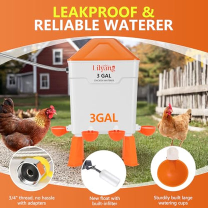 Lilyang Automatic Chicken Waterer & Feeder 3 Gallon, Auto-Refill Chicken Waterer with Float Valve, Anti-Spill Feeder & Leak-Proof Cups, End Daily Refilling & Mess, Standing or Hanging Use - color: Bright Orange