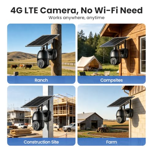 SOLIOM 4G LTE Security Camera, Solar Wireless Cellular Security Camera, 360° Pan Tilt View with Spotlight, 1080P Night Vision, 2-Way Talk, PIR Motion Sensor, No WiFi, Black - color: Black
