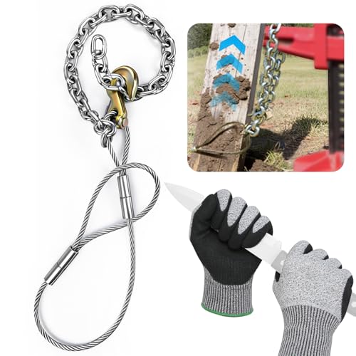 Heavy Duty Fence Post Puller & Nitrile Coated Work Gloves - with Reinforced Cable & Chain for Hi-Lift Jack, Extract 4x4 Wood & Concrete Posts for Farm, Ranch Fence Repair （Jack & Knife NOT Included）