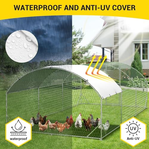 Large Metal Chicken Coop, Walk-in Poultry Cage, Large Chicken Run with Waterproof & Anti-UV Cover, Chicken Pen with Double Lockable Doors for Outdoor, 9.8x19.7x6.6FT - size: 9.8' W x 19.7' L x 6.6' H